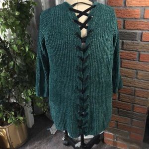 Lace up back green chenille sweater